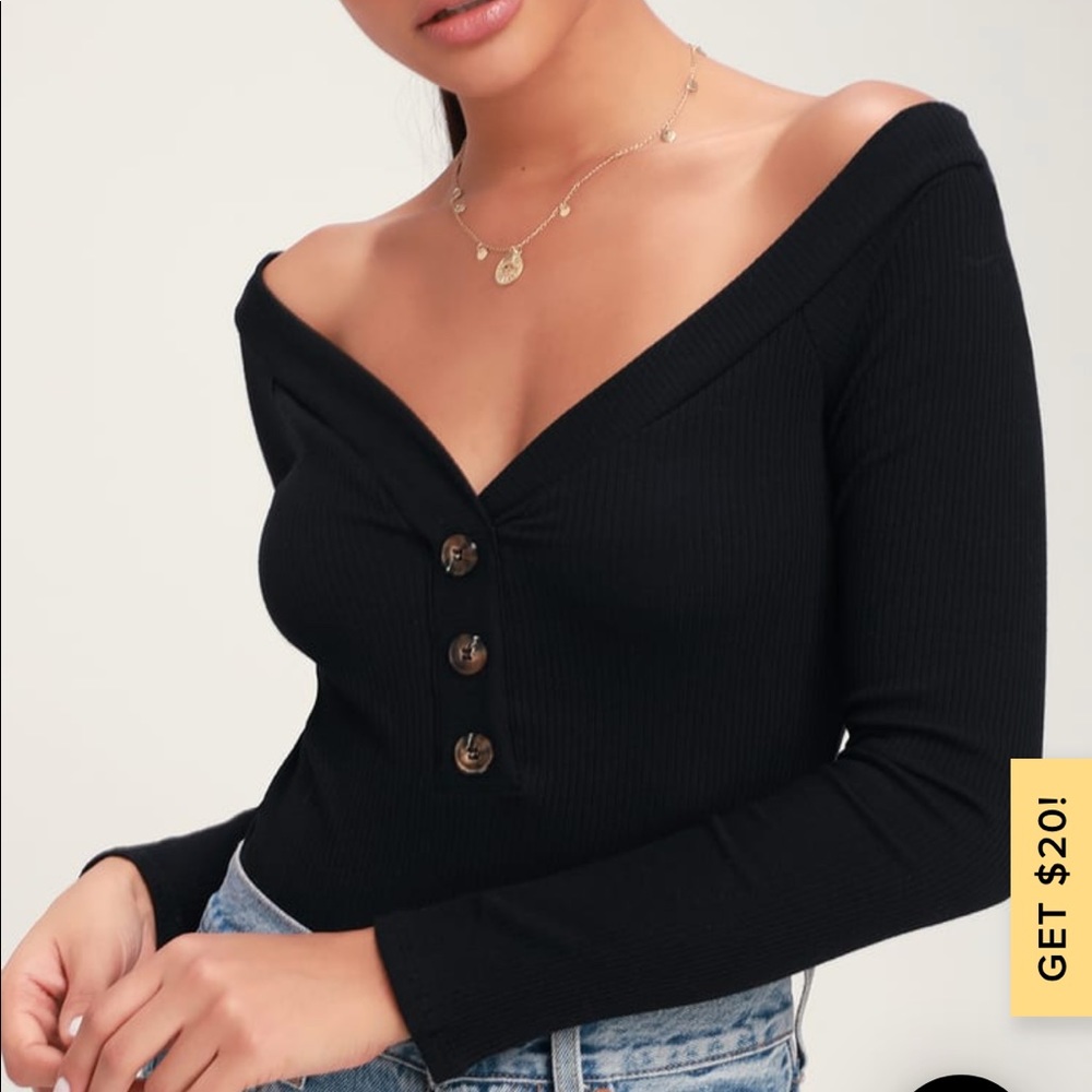 Lulus Black Ribbed Off The Shoulder Bodysuit